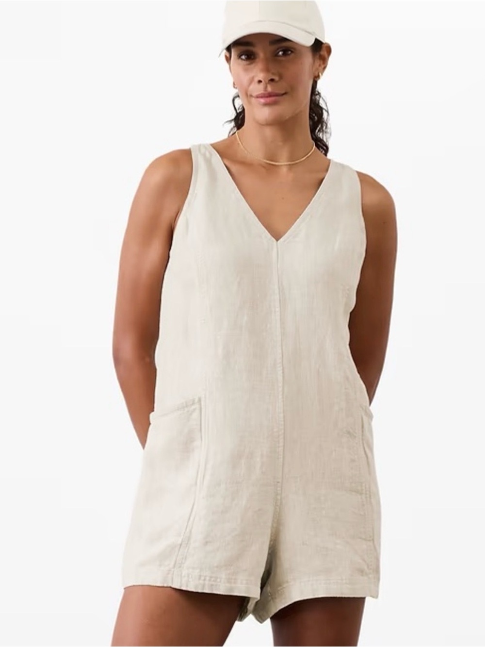 Athleta Retreat 100% Linen V-Neck Romper Cream S